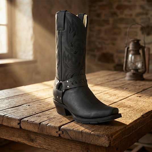 1162 - RockinLeather Men's Black Leather Harness Boot