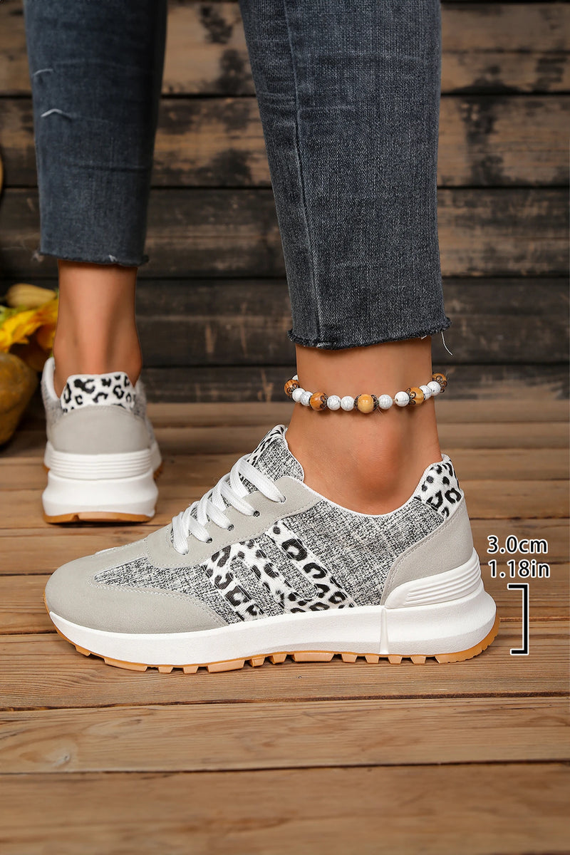 Load image into Gallery viewer, DLLSHOE 75 - White Mix Texture Patchwork Leopard Detail Lace Up Sneakers
