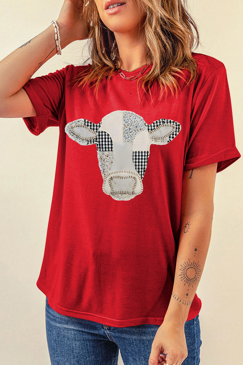 Load image into Gallery viewer, DLLS1016 - Ladies Red Western Patchwork Cow Print Round Neck Casual T Shirt
