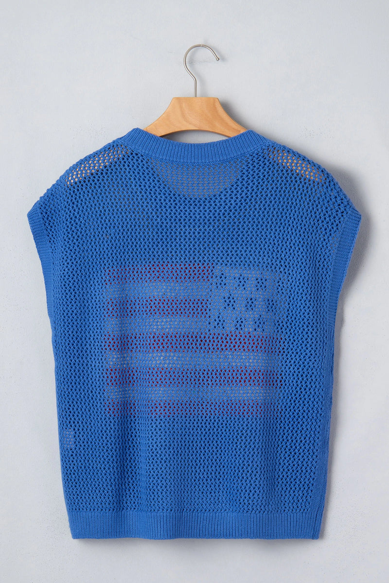Load image into Gallery viewer, DLLS525 - Ladies Sky Blue Flag Graphic Short Sleeve Sweater Top
