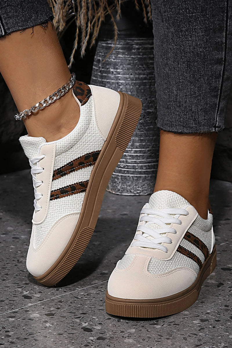Load image into Gallery viewer, DLLSHOE 28 - White Textured Woven PU Leather Leopard Patchwork Flat Sneakers
