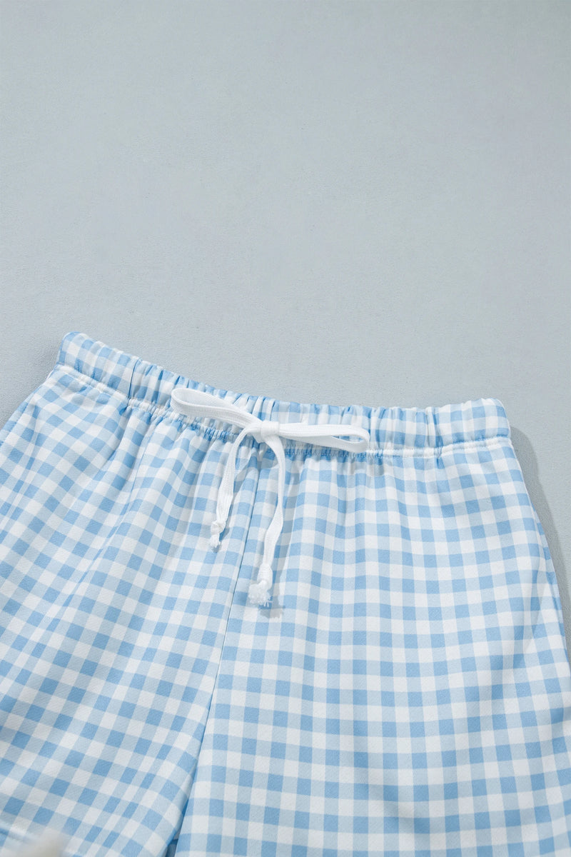 Load image into Gallery viewer, DLLS1081 - Ladies Sky Blue Plaid Baggy Pullover Drawstring Casual Shorts 2pcs Outfit
