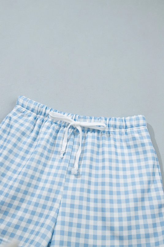 DLLS1081 - Ladies Sky Blue Plaid Baggy Pullover Drawstring Casual Shorts 2pcs Outfit