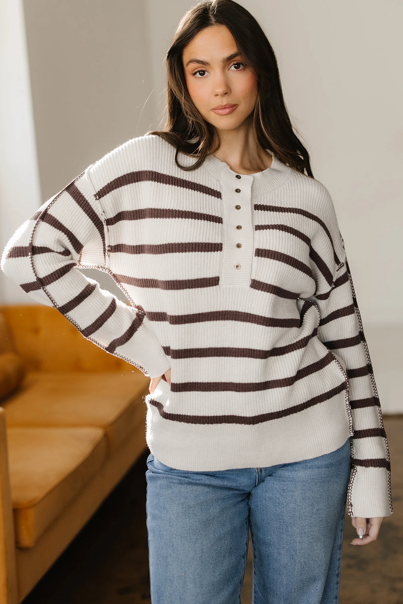 Load image into Gallery viewer, DLLS227 - Ladies Brown Stripe Ribbed Henley Drop Shoulder Slouchy Sweater
