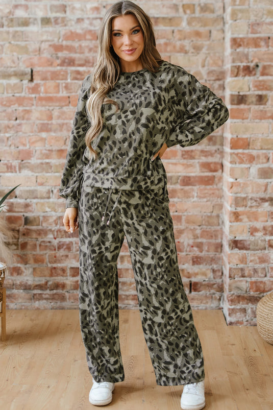 DLLS1018 - Ladies Gray Leopard Print Seam Patchwork Pullover Drawstring Loose Pant Set