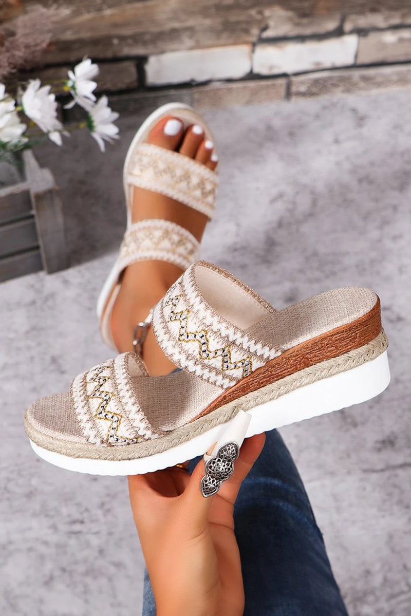 Load image into Gallery viewer, DLLSHOE 136 - Beige Crochet Dual Band Wedge Slippers
