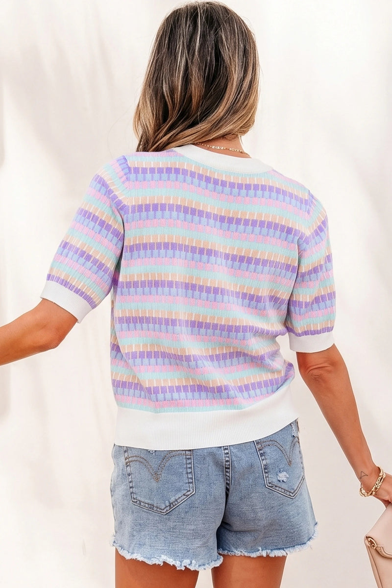 Load image into Gallery viewer, DLLS585 - Ladies Purple Abstract Striped Knit Short Sleeve Sweater
