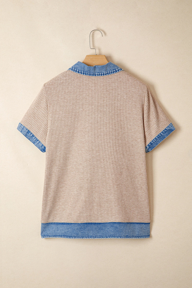 Load image into Gallery viewer, DLLS742 - Ladies Beige Ribbed Knit Denim Color Patchwork Button Detail Collared Blouse
