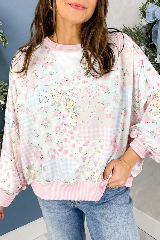 DLLS728 - Ladies Pink Twisted Ribbed Trim Floral Print Patchwork Pullover Sweatshirt
