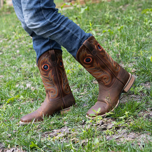 PLT103615 - Palitutu Men's Brown Embroidered Full-Grain Leather Square Toe Western Boots