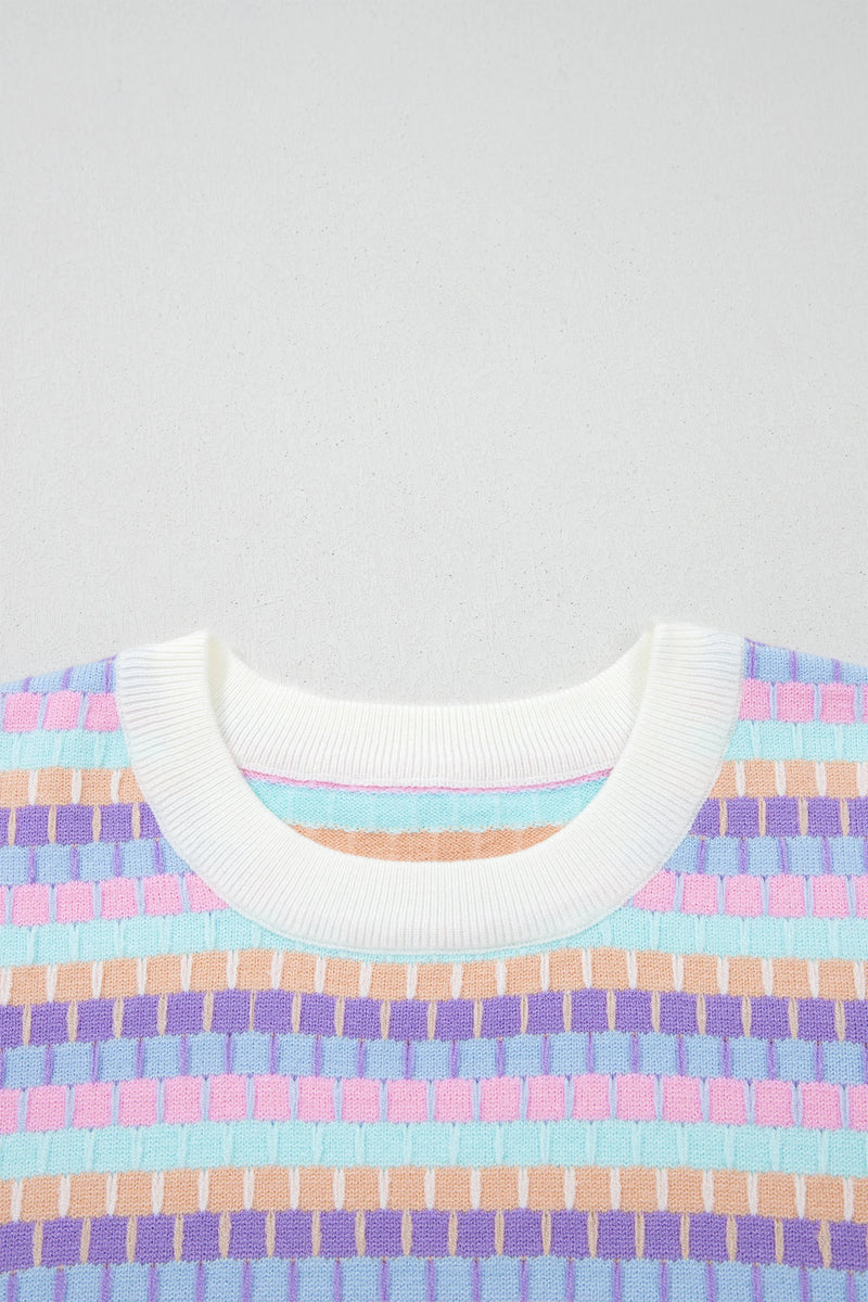 Load image into Gallery viewer, DLLS585 - Ladies Purple Abstract Striped Knit Short Sleeve Sweater
