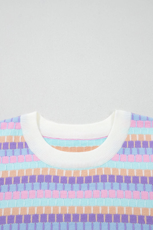 DLLS585 - Ladies Purple Abstract Striped Knit Short Sleeve Sweater