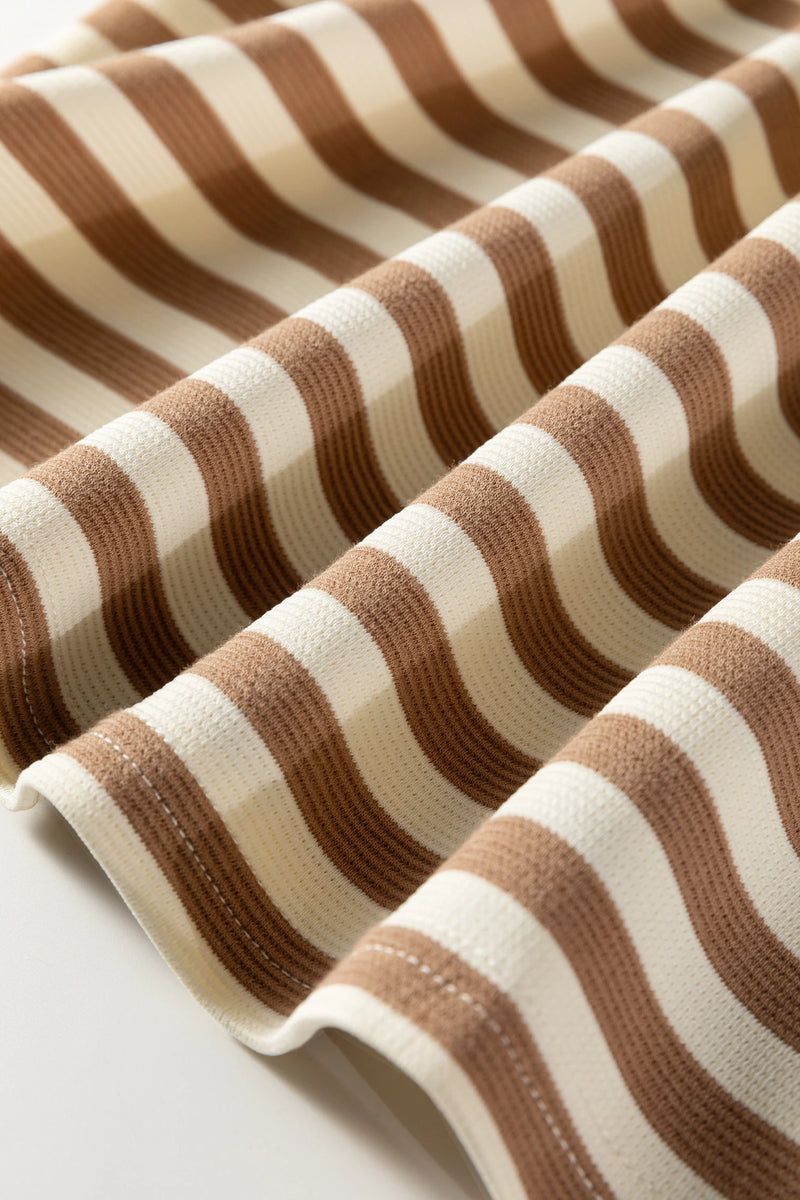 Load image into Gallery viewer, DLLS416 - Ladies Brown Stripe Short Puff Sleeve Contrast Trim Round Neck Tee
