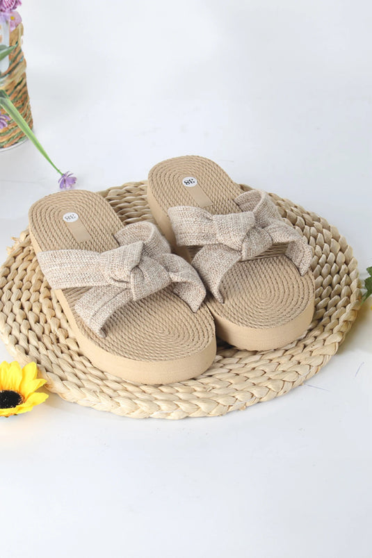 DLLSHOE 39 - Parchment Boho Linen Bow Raffia Woven Light PVC Slippers