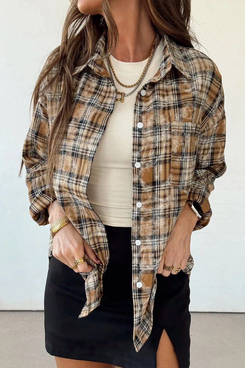 Load image into Gallery viewer, DLLS793 - Ladies Brown Retro Plaid Long Sleeve Button Down Shirt
