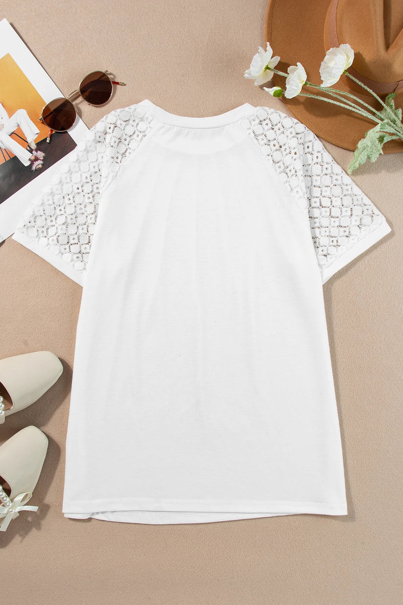 Load image into Gallery viewer, DLLS502 - Ladies White Seamed Detail Contrast Lace Raglan Sleeve Tee
