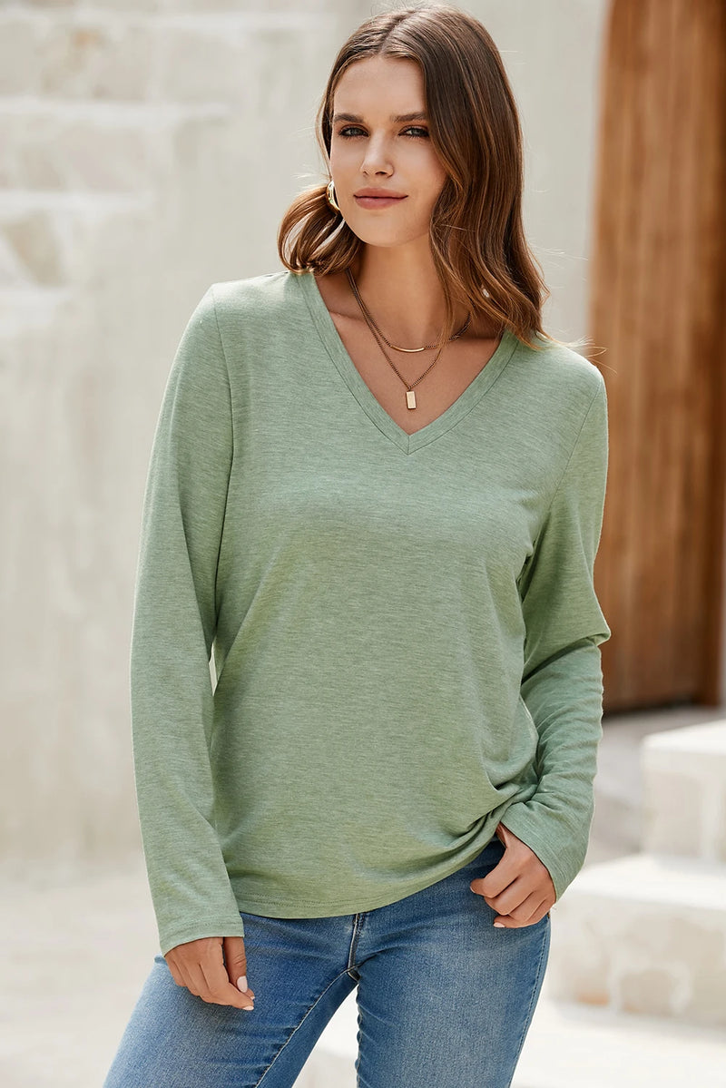 Load image into Gallery viewer, DLLS411 - Ladies Grass Green Solid Color V Neck Long Sleeve Stretchy Top
