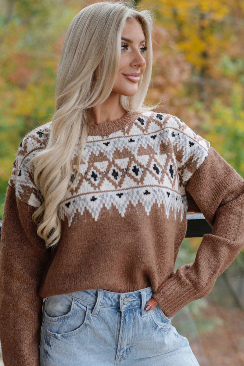 Load image into Gallery viewer, DLLS847 - Ladies Khaki Geometric Print Drop Shoulder Casual Pullover Sweater
