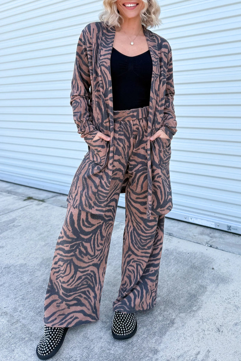 Load image into Gallery viewer, DLLS972 - Ladies Khaki Twisted Ribbed Zebra Print Open Cardigan Wide Leg Pant Set
