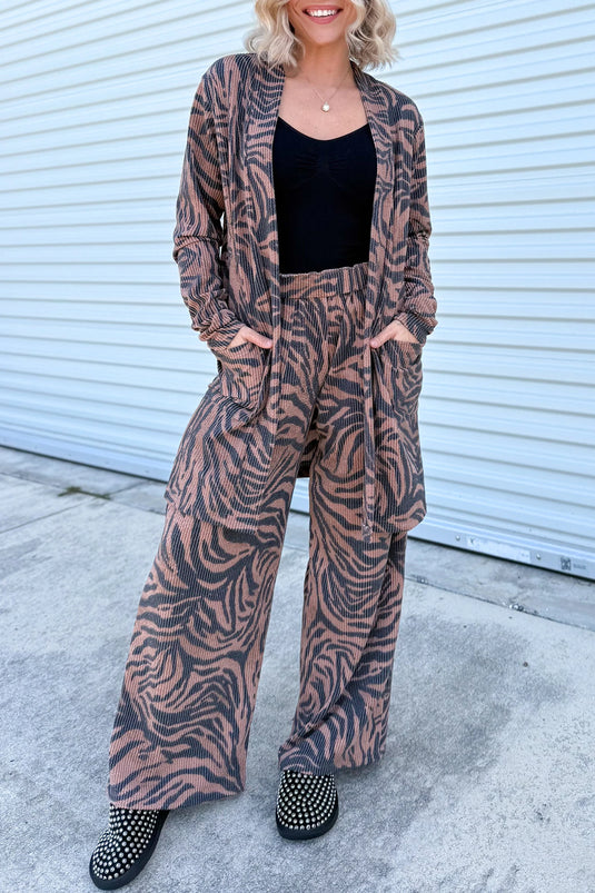 DLLS972 - Ladies Khaki Twisted Ribbed Zebra Print Open Cardigan Wide Leg Pant Set