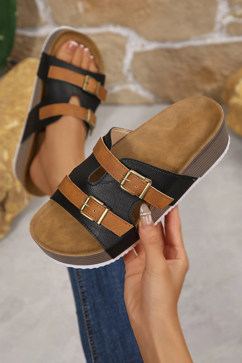 Load image into Gallery viewer, DLLSHOE 158 - Color Black Faux Suede Contrast Buckle Strap Retro Platform Slippers
