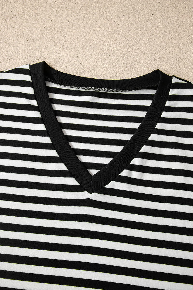Load image into Gallery viewer, DLLS348 - Ladies Black Striped Print V Neck Delicate Trim Casual Tee
