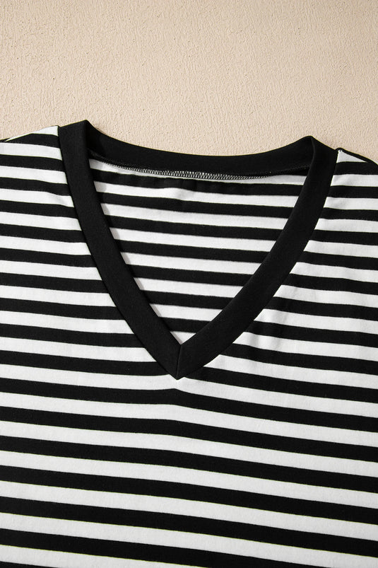 DLLS348 - Ladies Black Striped Print V Neck Delicate Trim Casual Tee