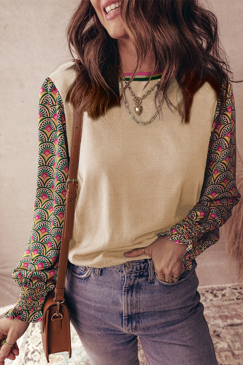 Load image into Gallery viewer, DLLS1015 - Ladies Apricot Floral Patchwork Shirred Cuff Puff Sleeve Sweater
