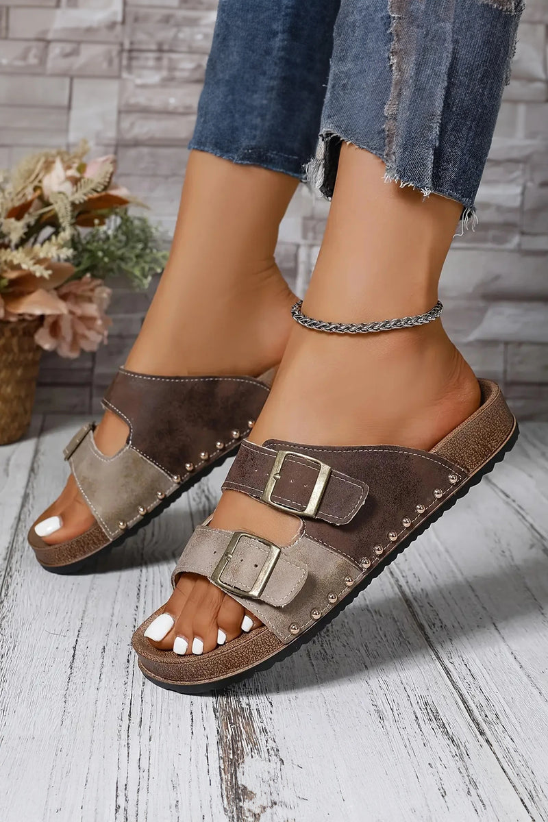Load image into Gallery viewer, DLLSHOE 35 - Coffee Two-Tone Retro Buckle Straps Hollowed Faux Suede Slippers
