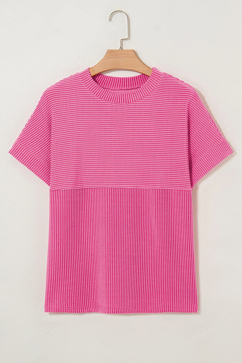 Load image into Gallery viewer, DLLS711 - Ladies Bright Pink Plain Corded Knit Mock Neck T Shirt
