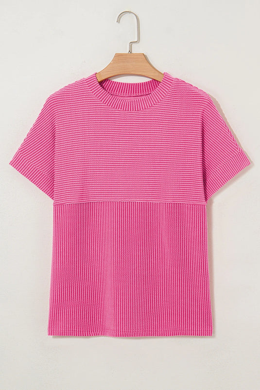 DLLS711 - Ladies Bright Pink Plain Corded Knit Mock Neck T Shirt