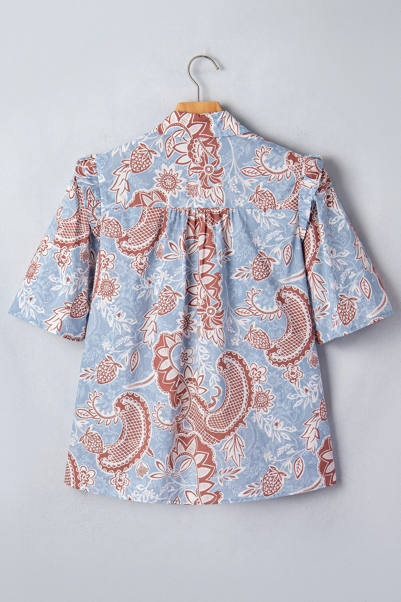 Load image into Gallery viewer, DLLS670 - Ladies Sky Blue Boho Floral Print Scalloped Trim Button-Down Short Sleeve Shirt
