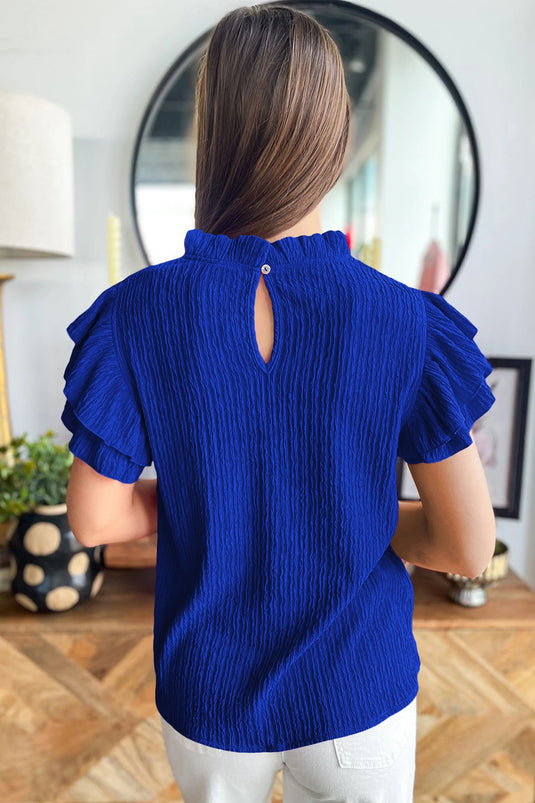 DLLS694 - Ladies Dark Blue Solid Color Textured Ruffle Trim Short Sleeve Blouse