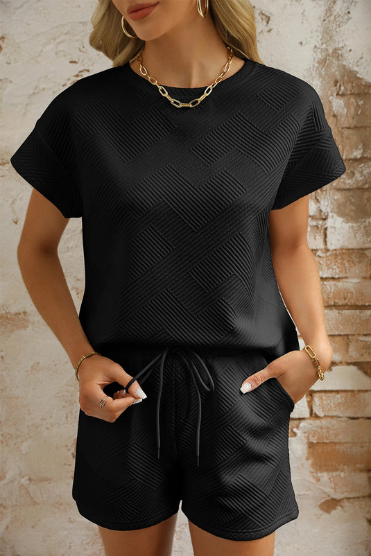 DLLS490 - Ladies Black Textured Short Sleeve Top and Shorts Set