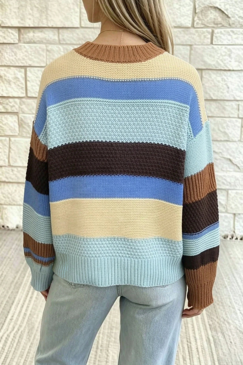 Load image into Gallery viewer, DLLS1097 - Ladies Multicolour Color Block Striped Round Neck Relaxed Sweater
