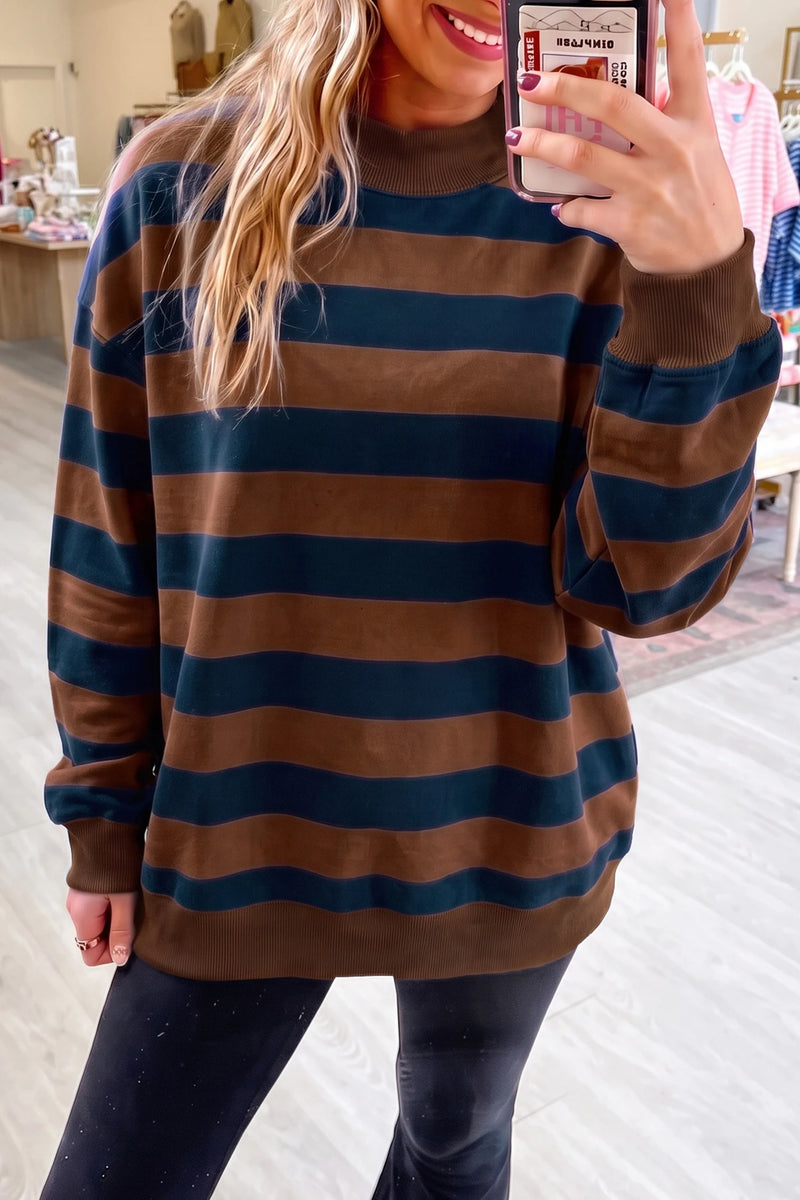 Load image into Gallery viewer, DLLS1012 - Ladies Brown Stripe Colorblock Mock Neck Relaxed Sweatshirt
