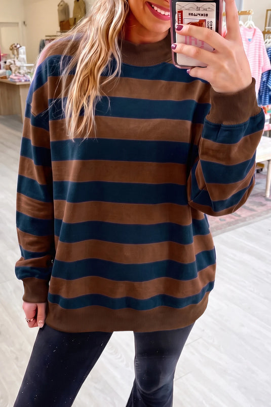 DLLS1012 - Ladies Brown Stripe Colorblock Mock Neck Relaxed Sweatshirt