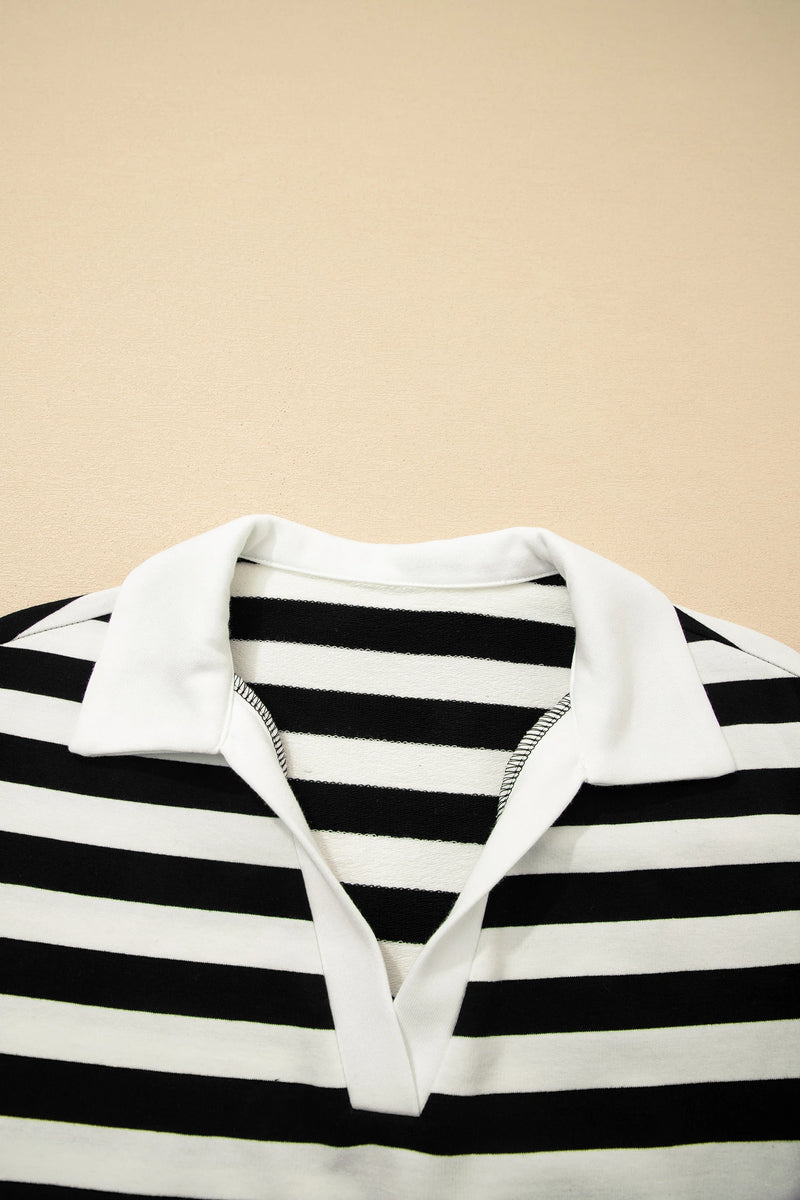 Load image into Gallery viewer, DLLS381- Ladies Black Stripe Collar V Neck Ruffled Short Sleeve Blouse
