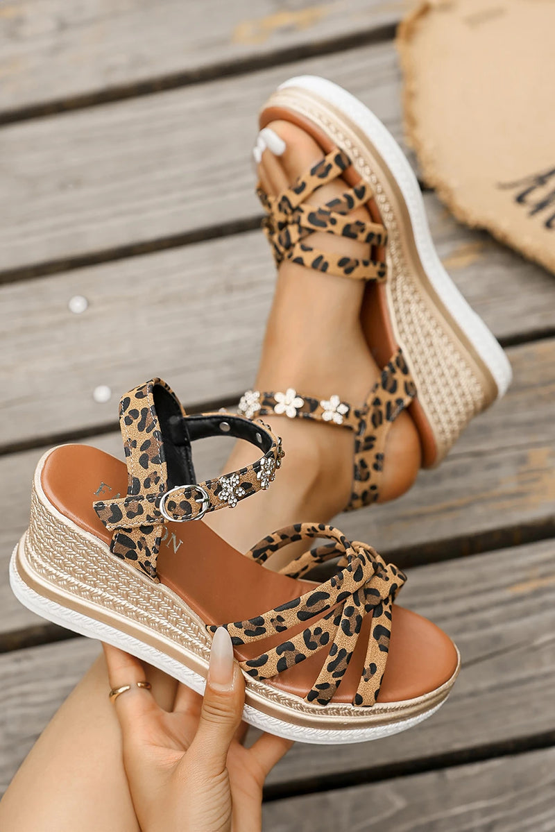 Load image into Gallery viewer, DLLSHOE 99 - Chestnut Rhinestone Flower Decor Leopard Strappy Wedge Sandals
