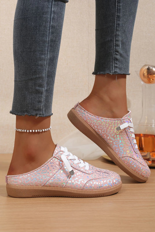 DLLSHOE 94 - Pink Shiny Leopard Print Lace Up Slip On Shoes
