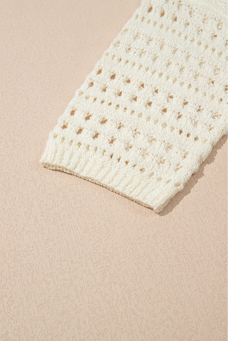 Load image into Gallery viewer, DLLS446 - Ladies White Hollow Out Knit Bracelet Sleeve Drop Shoulder Sweater
