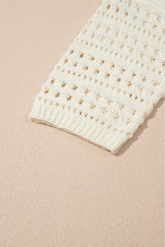 DLLS446 - Ladies White Hollow Out Knit Bracelet Sleeve Drop Shoulder Sweater