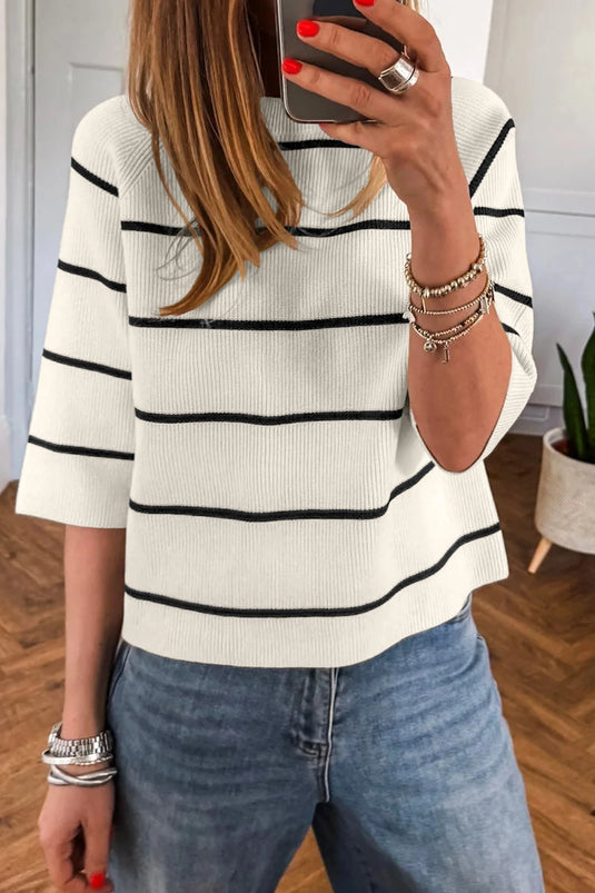 DLLS945 - Ladies White Stripe Ribbed Knit Half Sleeve Loose Sweater Tee