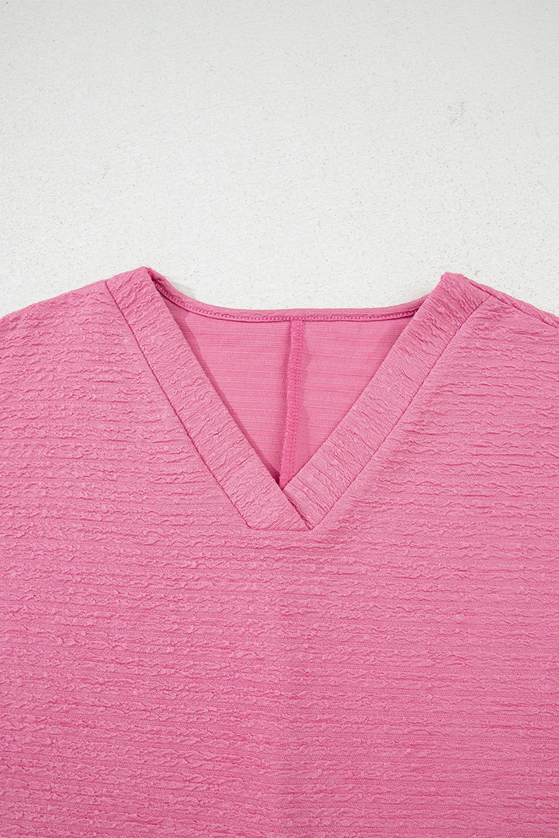 Load image into Gallery viewer, DLLS423 - Ladies Pink Textured V Neck T Shirt and Shorts Set

