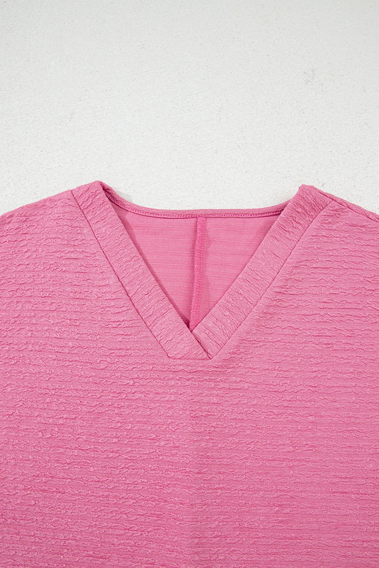 DLLS423 - Ladies Pink Textured V Neck T Shirt and Shorts Set
