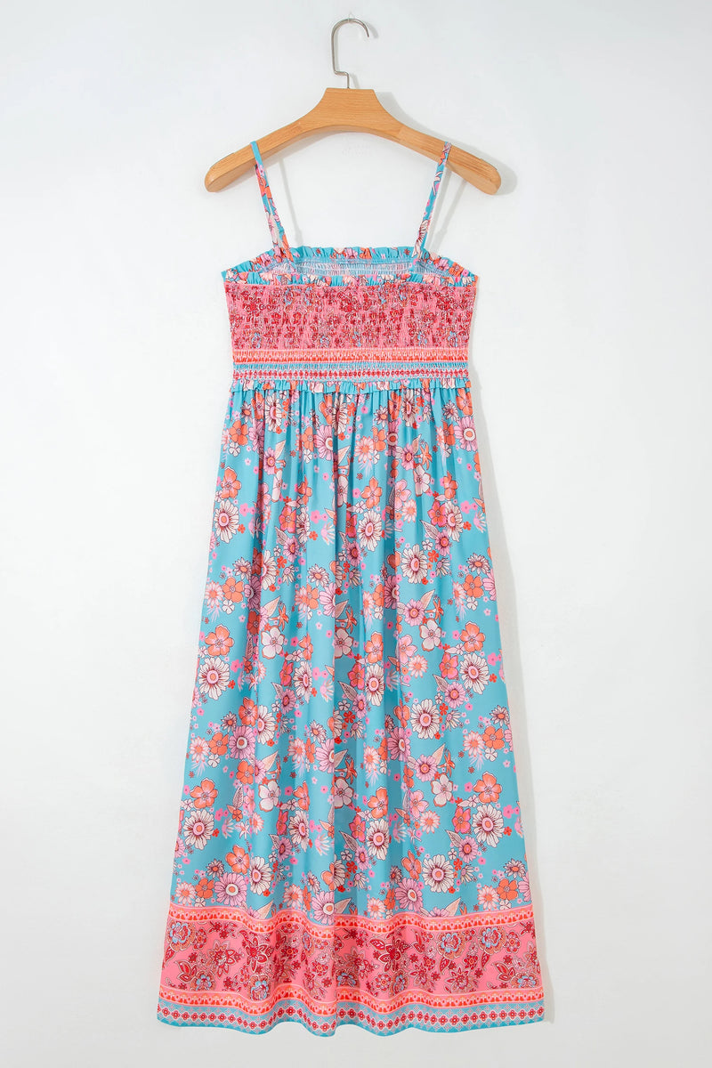Load image into Gallery viewer, DLLS608 - Ladies Sky Blue Bohemian Ethnic Print Spaghetti Straps Vacation Maxi Dress
