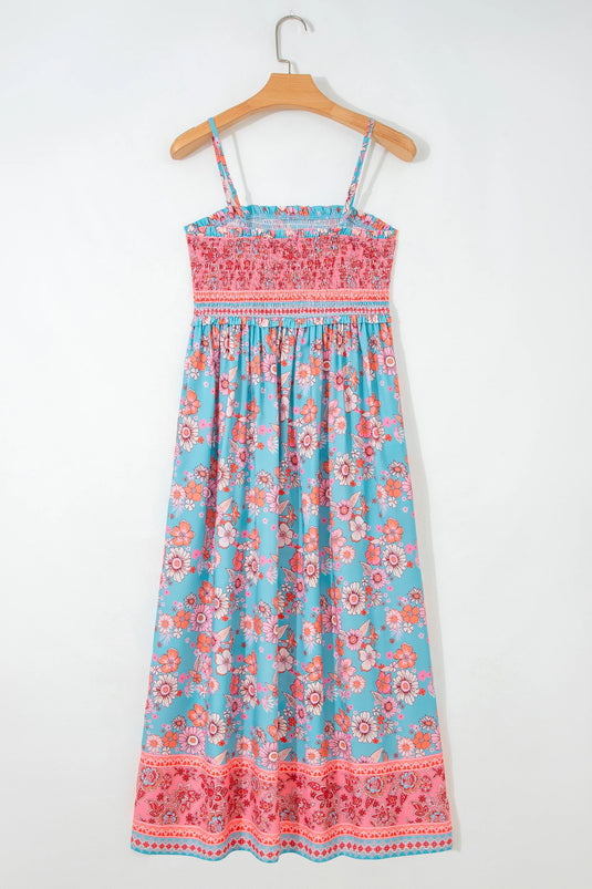 DLLS608 - Ladies Sky Blue Bohemian Ethnic Print Spaghetti Straps Vacation Maxi Dress