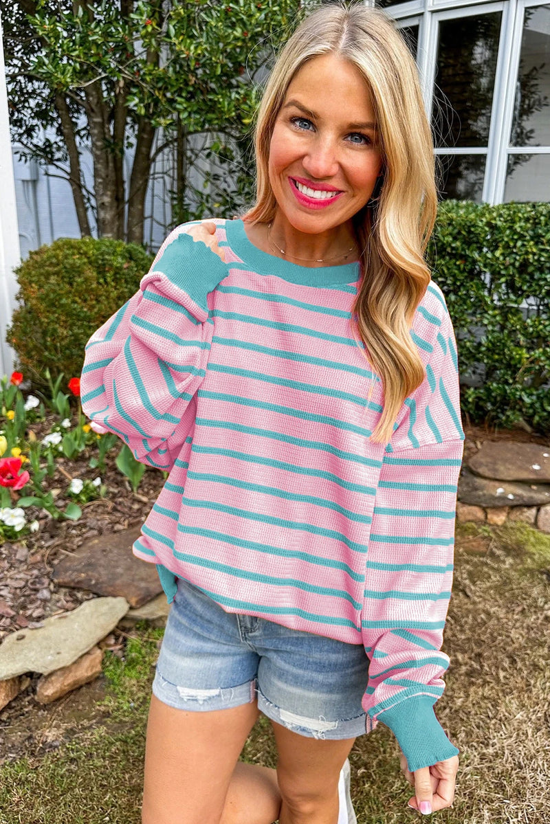 Load image into Gallery viewer, DLLS908 - Ladies Pink Stripe Trimmed Round Neck Drop Shoulder Loose Sweater
