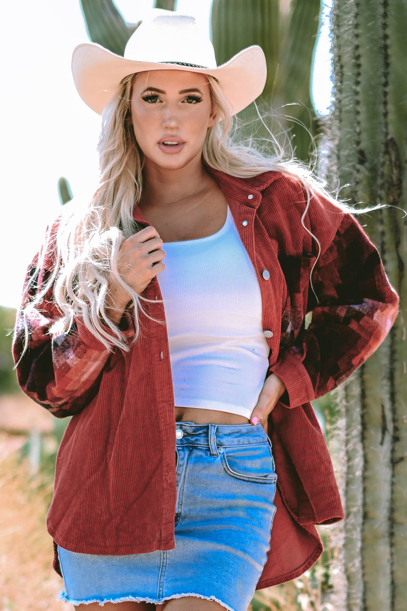Load image into Gallery viewer, DLLS109 - Ladies Gold Flame Checker Patchwork Raw Edge Oversized Corduroy Jacket
