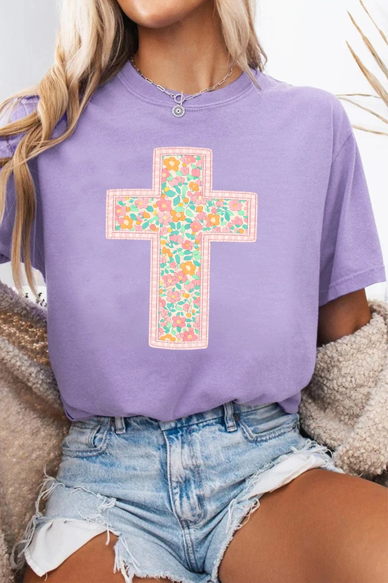 Load image into Gallery viewer, DLLS465 - Ladies Wisteria Easter Floral Cross Christian Casual Tee
